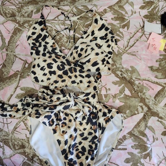 Aerie Leopard Print Wrap One Piece Swimsuit Womens Size M Long - Picture 1 of 6